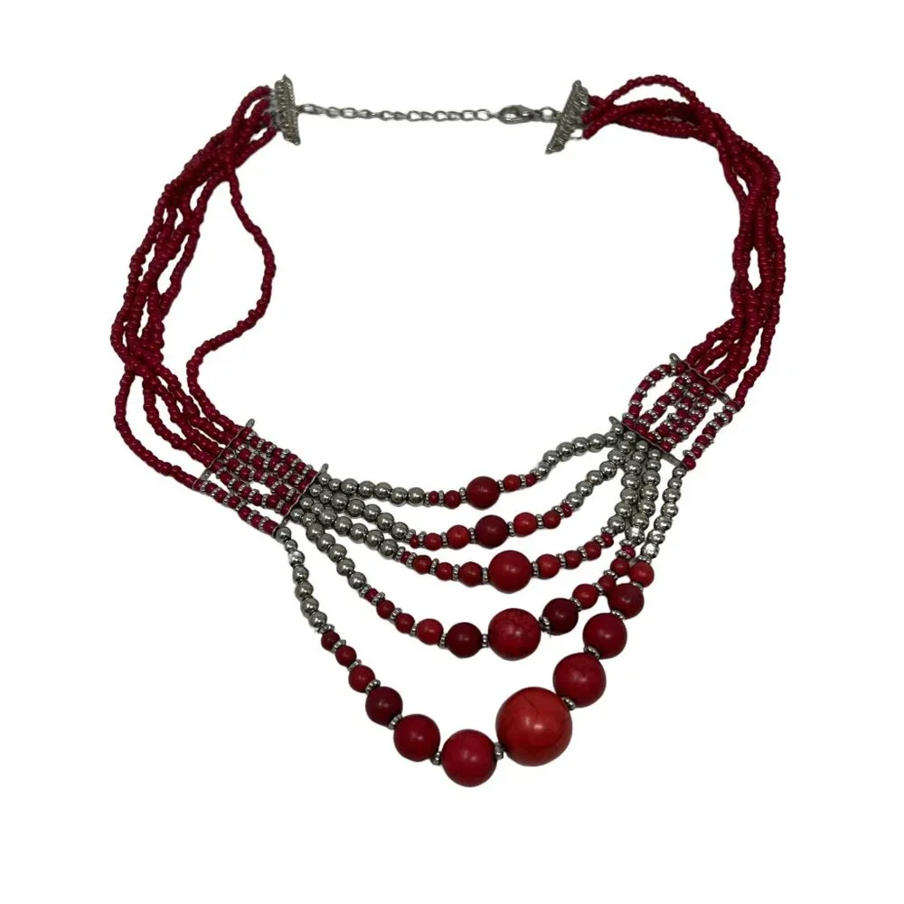 Cleopatra Choker Red‎ Silver Tone Beaded Statement Necklace